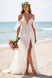 Lace Off The Shoulder White Wedding Dress with Slit