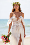 Lace Off The Shoulder White Wedding Dress with Slit