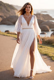 White Long Sleeve A Line Wedding Dress with Slit