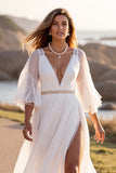 White Long Sleeve A Line Wedding Dress with Slit
