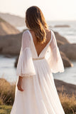 White Long Sleeve A Line Wedding Dress with Slit