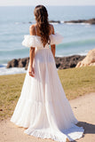 Cold Shoulder White A Line Ruffled Wedding Dress