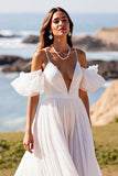 Cold Shoulder White A Line Ruffled Wedding Dress