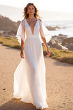 A Line White Ruffled Long Wedding Dress