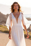 A Line White Ruffled Long Wedding Dress
