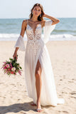Lace White A Line Wedding Dress with Slit