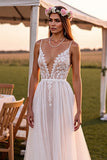 Lace White A Line Spaghetti Straps Wedding Dress
