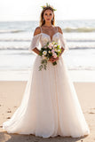 Cold Shoulder White A Line Wedding Dress with Appliques