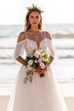 Cold Shoulder White A Line Wedding Dress with Appliques