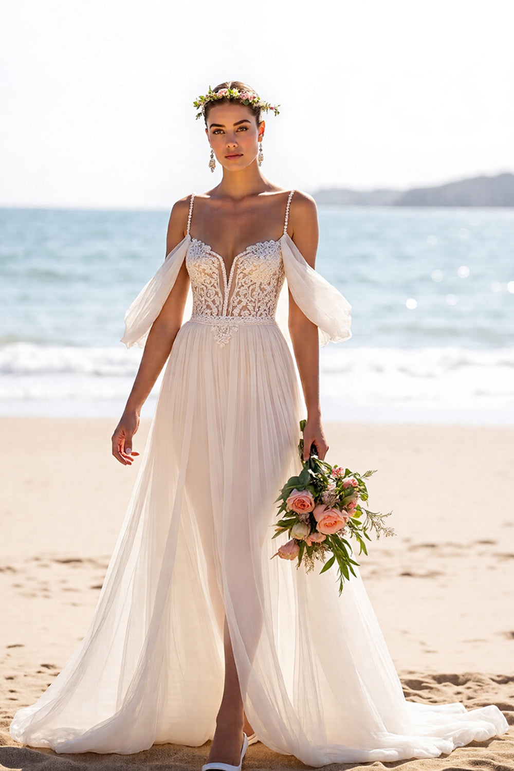 Berylove Women White Wedding Dress with Slit Appliqued Cold Shoulder A Line Long Bridal Dress, White / US16W Berylove Women White Wedding Dress with Slit Appliqued Cold Shoulder A Line Long Bridal Dress, White / US16W