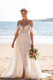 Cold Shoulder White Appliqued Wedding Dress with Slit