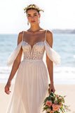 Cold Shoulder White Appliqued Wedding Dress with Slit