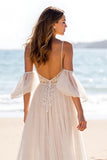 Cold Shoulder White Appliqued Wedding Dress with Slit