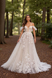 Off The Shoulder White Appliqued Wedding Dress