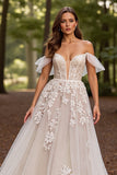 Off The Shoulder White Appliqued Wedding Dress