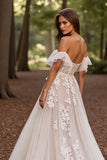 Off The Shoulder White Appliqued Wedding Dress