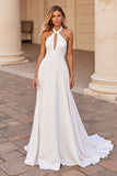 Halter A Line White Wedding Dress with Hollow Out