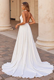 Halter A Line White Wedding Dress with Hollow Out