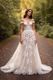Floral Off The Shoulder White Wedding Dress with Appliques