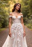 Floral Off The Shoulder White Wedding Dress with Appliques