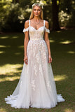 Floral Cold Shoulder White Wedding Dress with Appliques