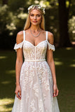 Floral Cold Shoulder White Wedding Dress with Appliques