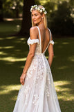 Floral Cold Shoulder White Wedding Dress with Appliques