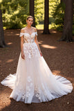 Off The Shoulder White Appliqued A Line Wedding Dress