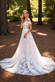 Off The Shoulder White Appliqued A Line Wedding Dress