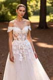 Off The Shoulder White Appliqued A Line Wedding Dress