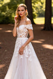 Off The Shoulder White Appliqued A Line Wedding Dress