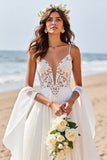 Appliqued White A Line Long Wedding Dress