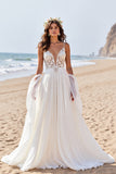 Appliqued White A Line Long Wedding Dress