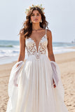 Appliqued White A Line Long Wedding Dress