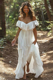 Off The Shoulder Ruffled Tiered White Wedding Dress