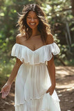 Off The Shoulder Ruffled Tiered White Wedding Dress