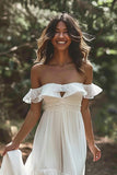 Off The Shoulder Ruffled White A Line Wedding Dress
