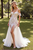 Cold Shoulder Lace White Wedding Dress