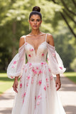 Cold Shoulder Floral White Wedding Dress with Appliques