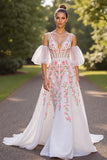 Floral A Line White Long Wedding Dress with Appliques