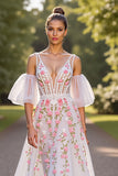Floral A Line White Long Wedding Dress with Appliques