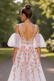 Floral A Line White Long Wedding Dress with Appliques