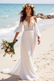 Cold Shoulder White A Line Wedding Dress with Lace