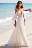 Cold Shoulder White A Line Wedding Dress with Lace