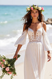 Cold Shoulder White A Line Wedding Dress with Lace