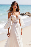 Cold Shoulder White A Line Wedding Dress with Lace