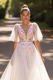 A Line White Long V-Neck Wedding Dress with Appliques