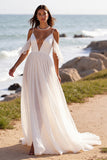Cold Shoulder White Long A Line Wedding Dress