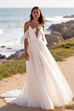 Cold Shoulder White Long A Line Wedding Dress
