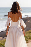 Cold Shoulder White Long A Line Wedding Dress